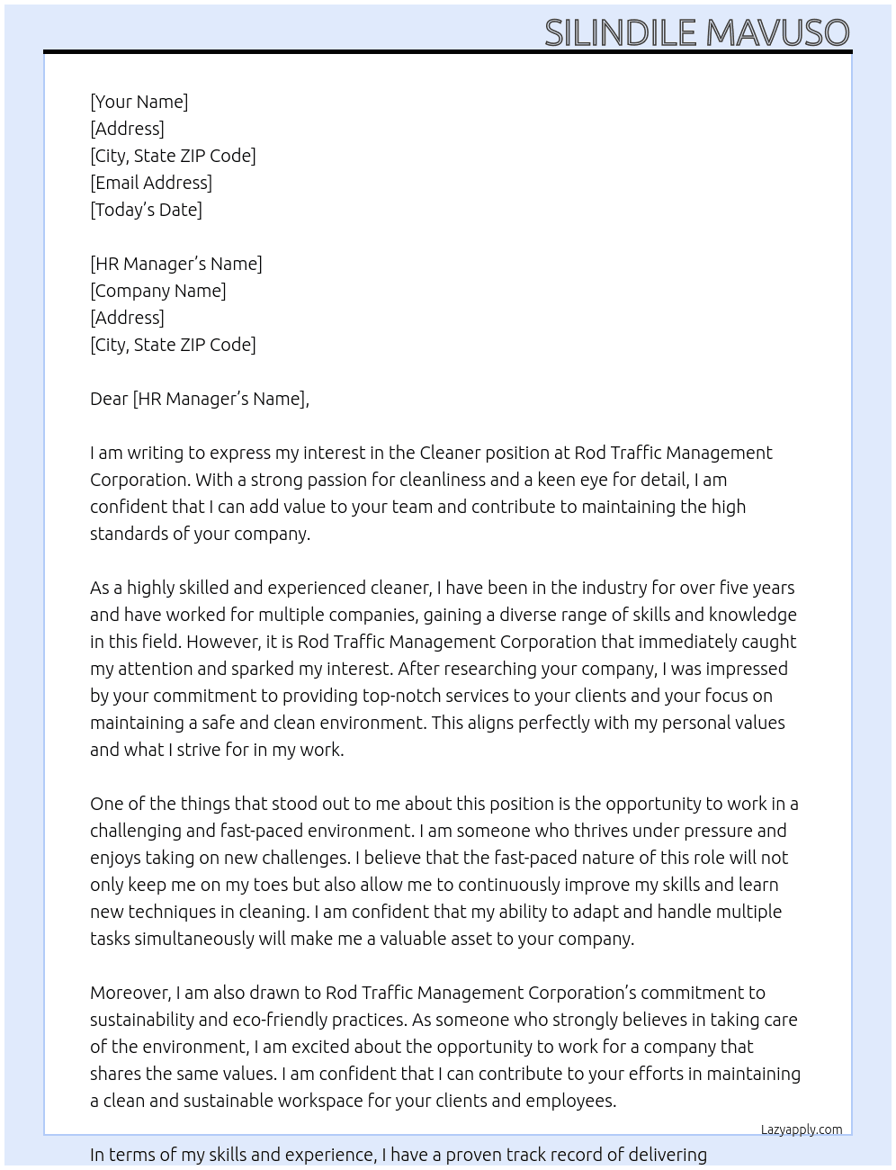 cleaner At rod traffic management corperation Cover Letter