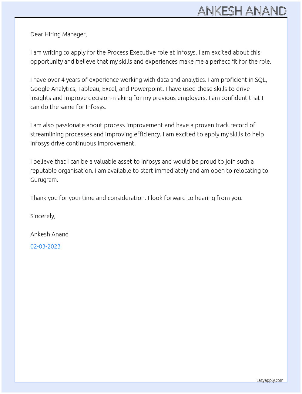 Process  Executive At Infosys Cover Letter