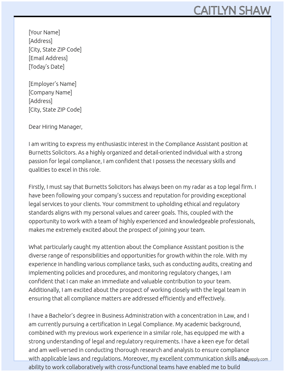 Compliance Assistant At Burnetts Soliciters Cover Letter