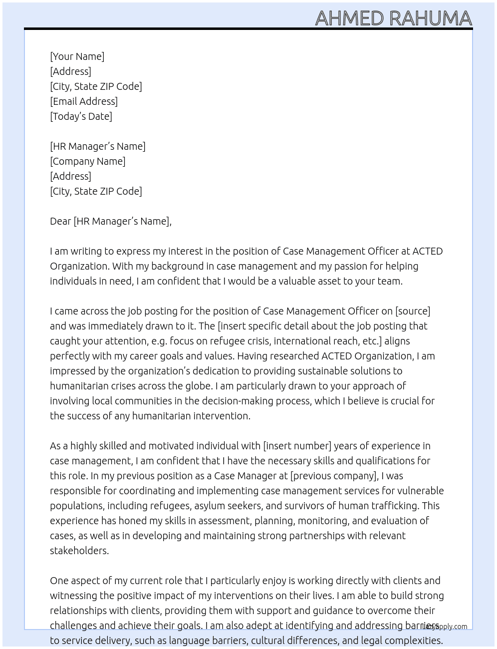 case management officer   At acted organization  Cover Letter