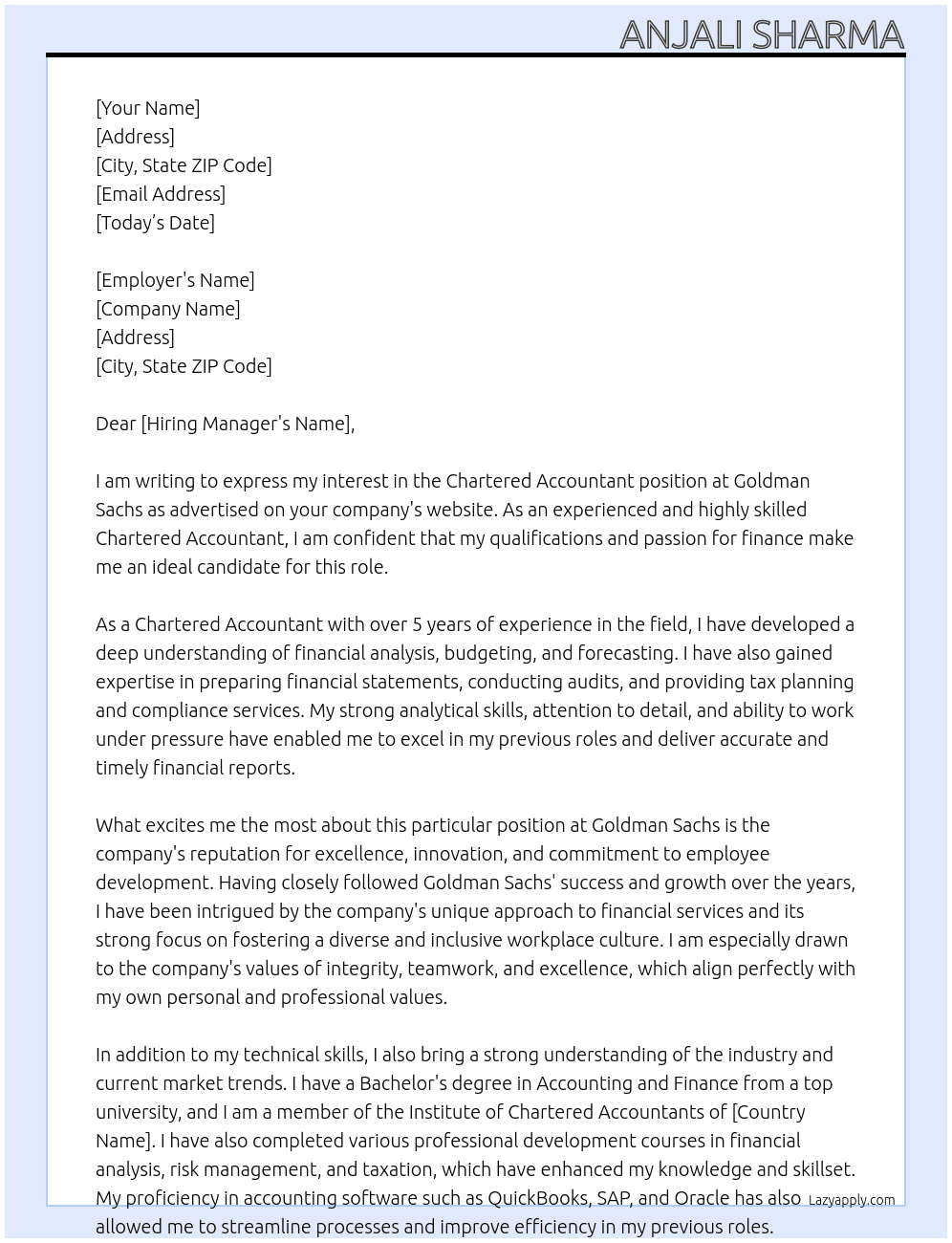 Chartered Accountant At Goldman Sachs Cover Letter