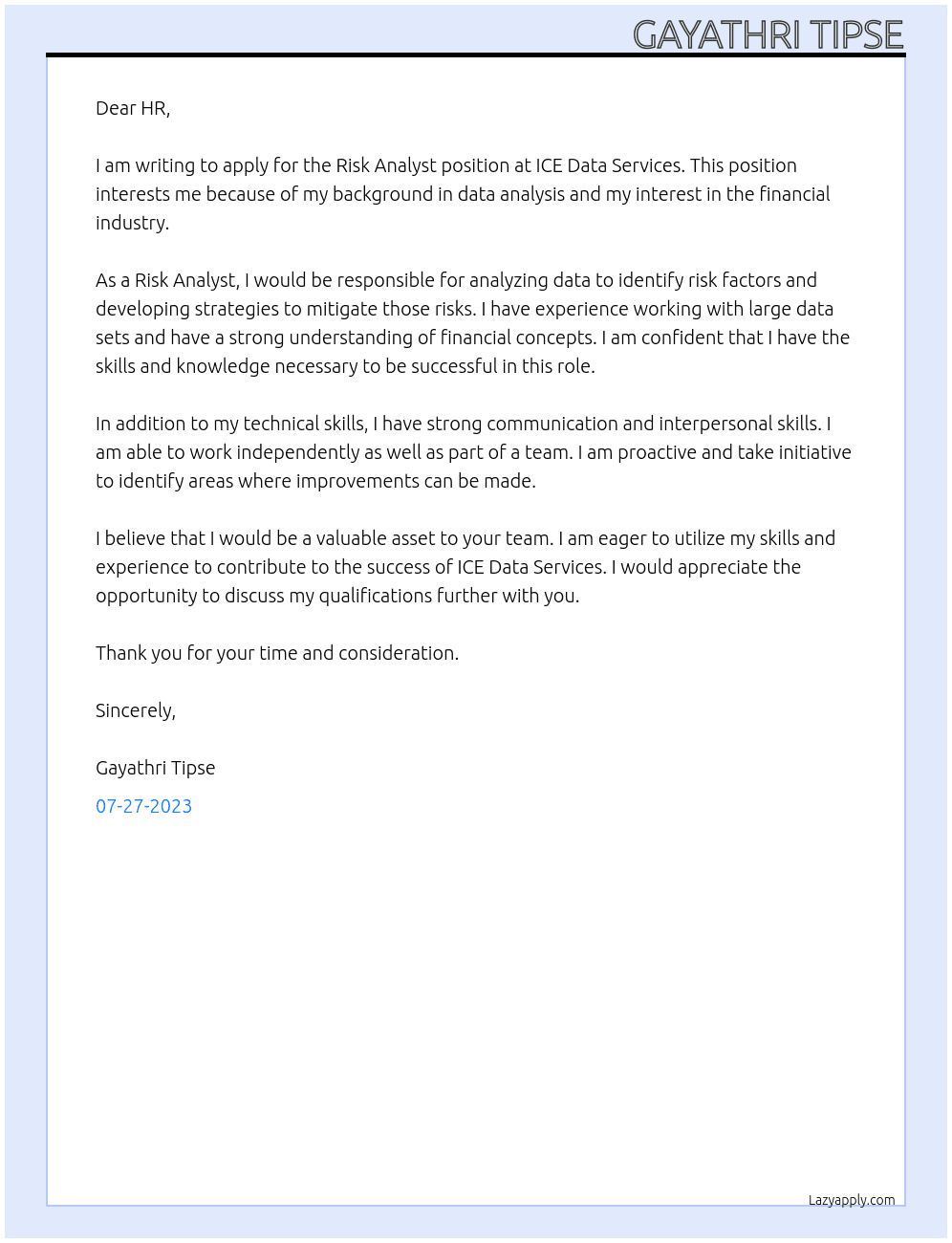 Risk Analyst At ICE DATA SERVICES Cover Letter