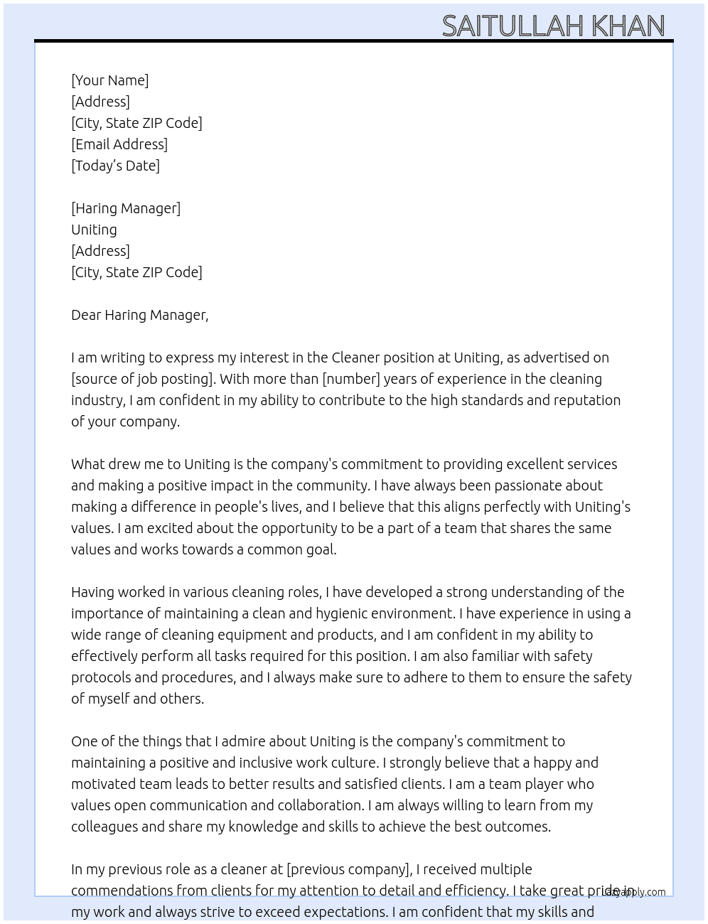 Cleaner  At Uniting Cover Letter
