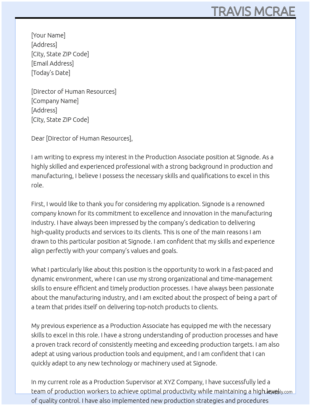 Production Associate At Signode Cover Letter