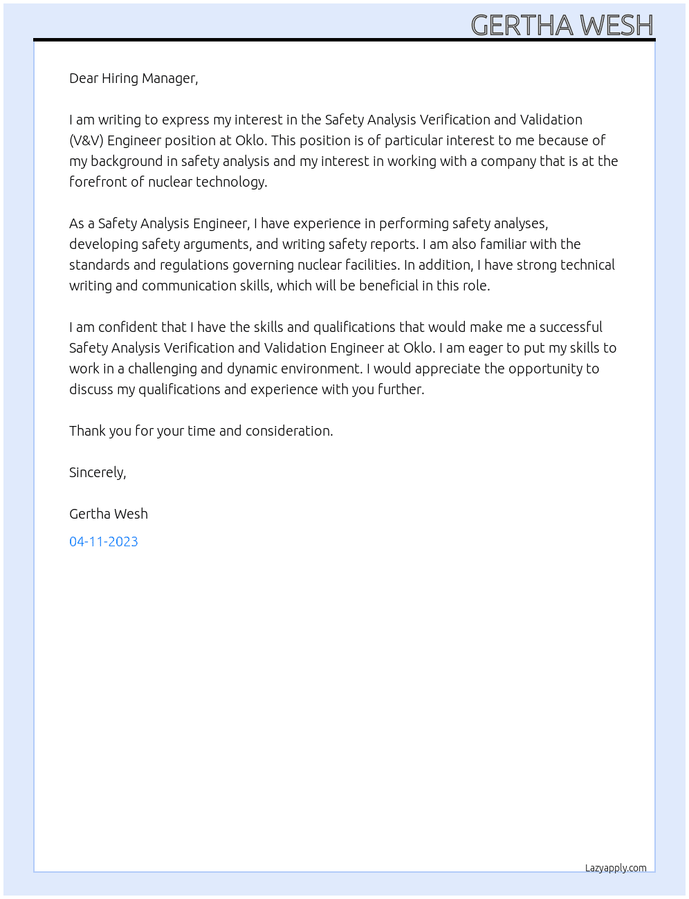Safety Analysis Verification and Validation (V&V) Engineer At Oklo Cover Letter