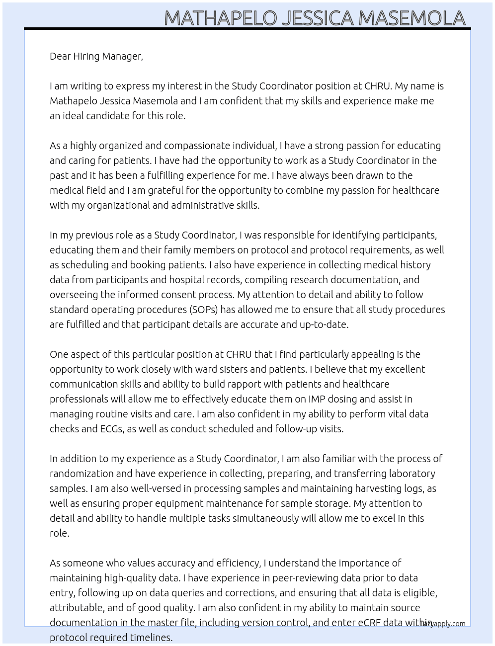Study Coordinator At CHRU Cover Letter