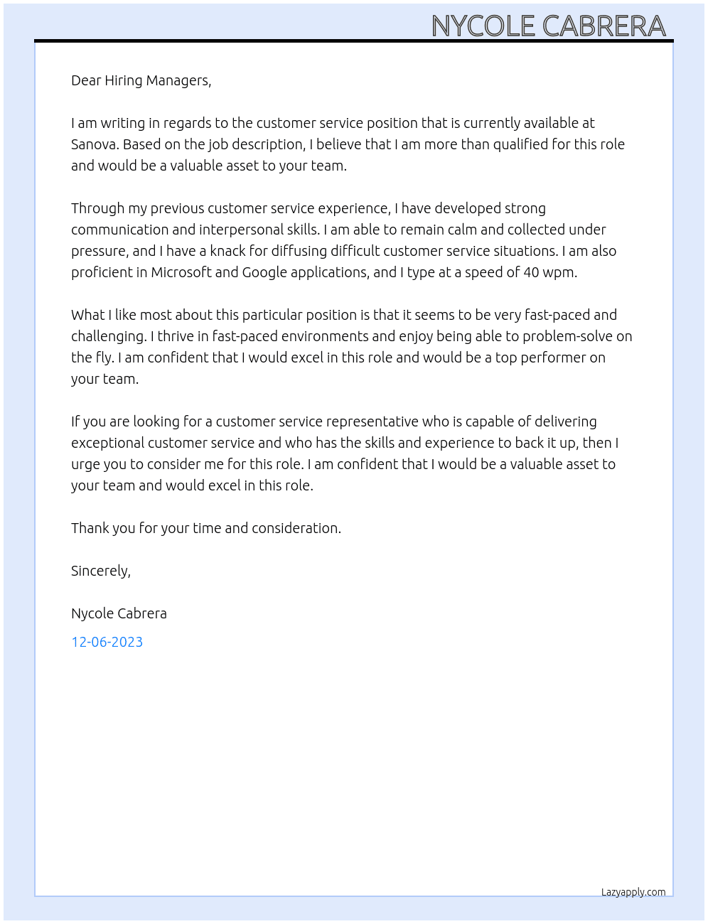 Customer service At Sanova Cover Letter