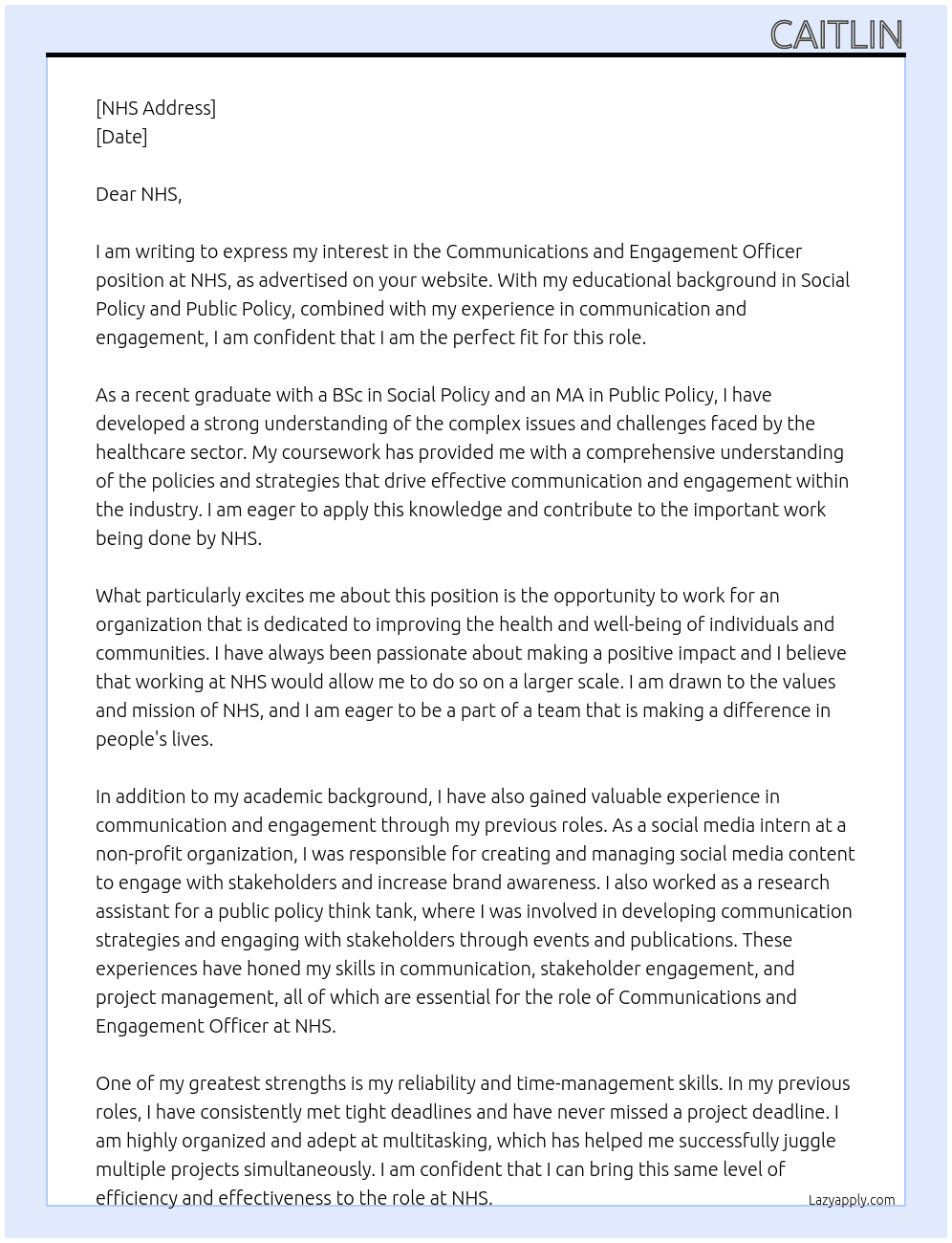 Communications and Engagement Officer At NHS Cover Letter