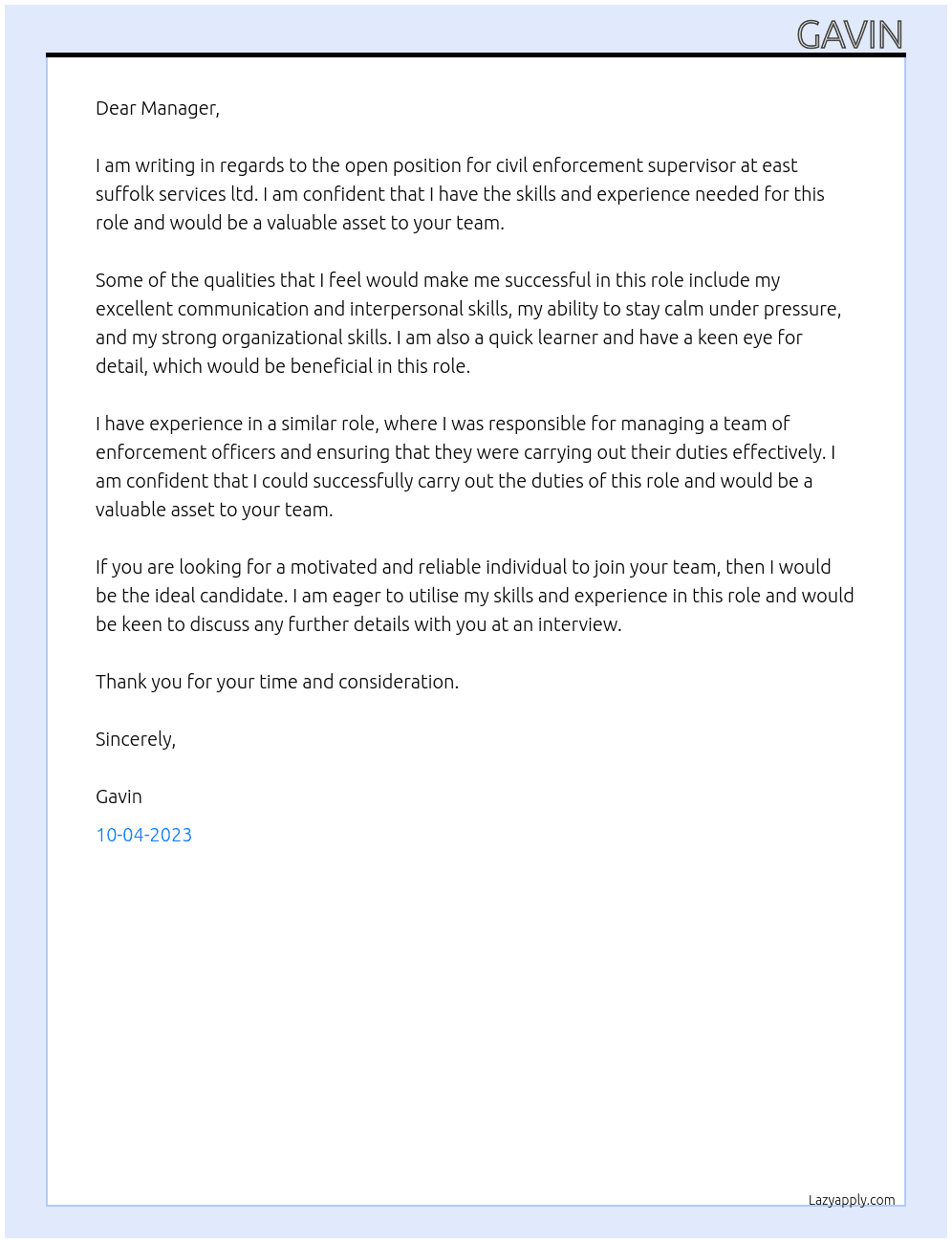 civil enforcement supervisor At east suffolk services ltd Cover Letter