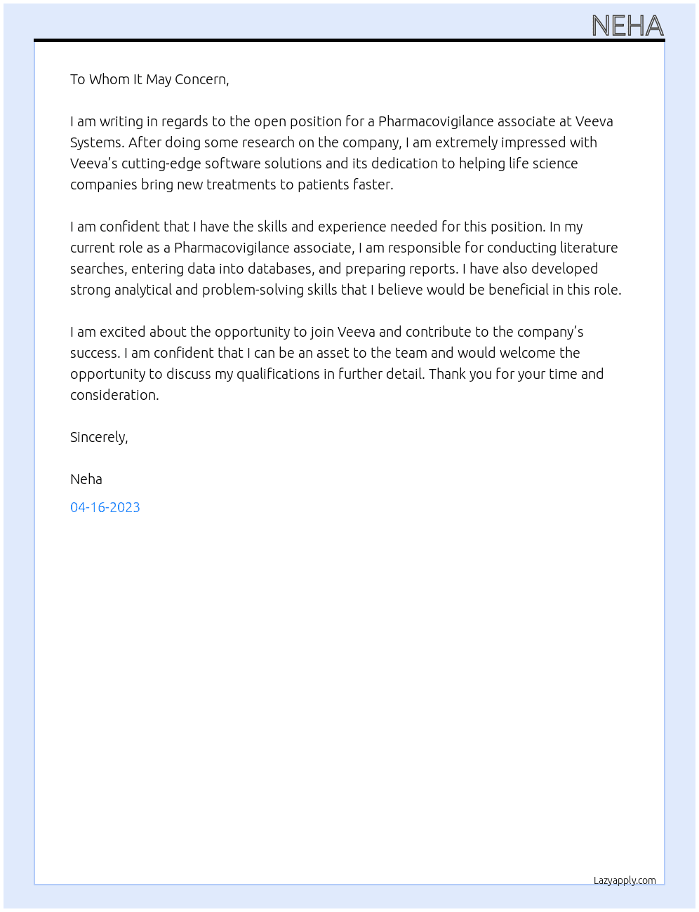 Pharmacovigilance associate At Veeva systems Cover Letter