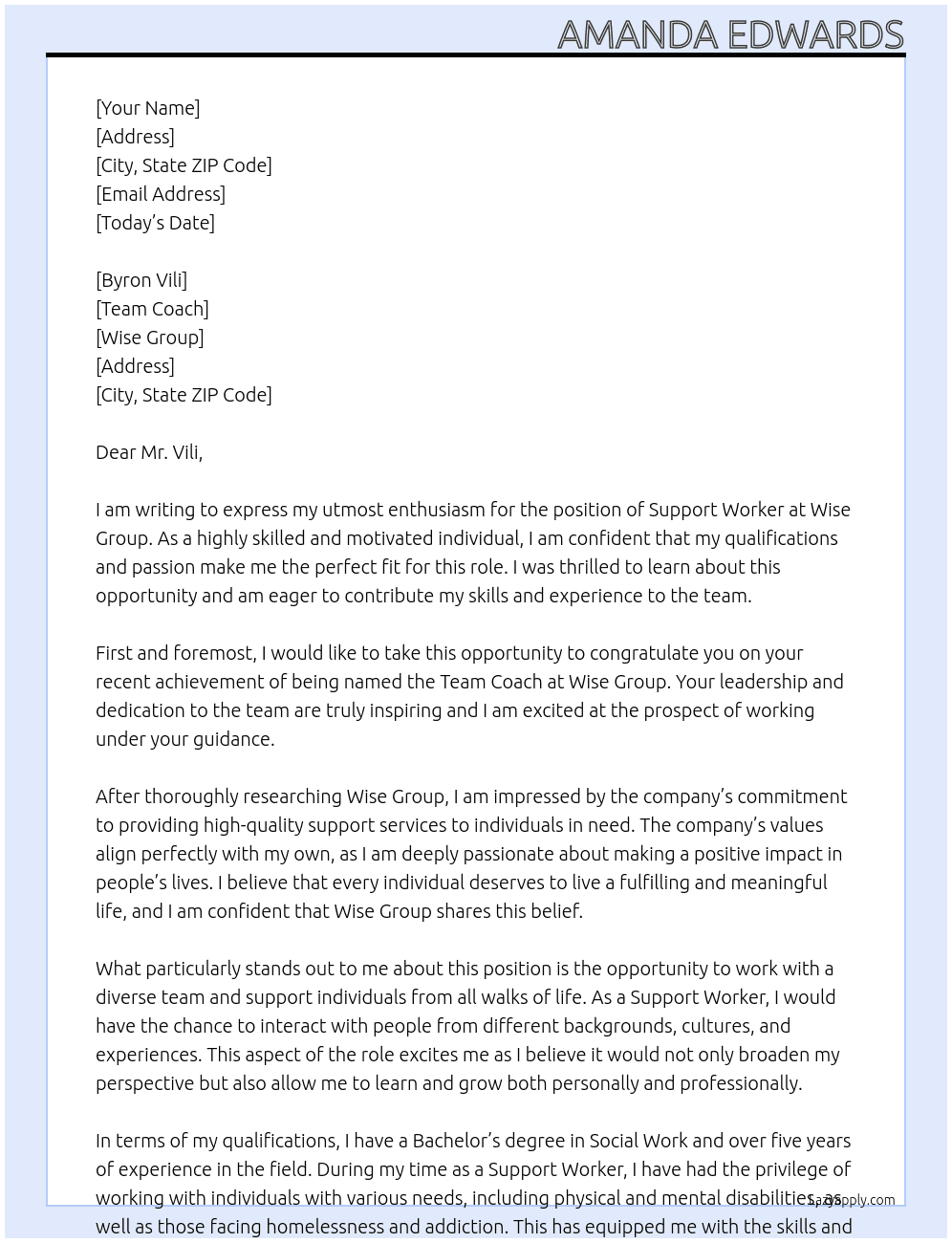 support worker At Wise Group Cover Letter