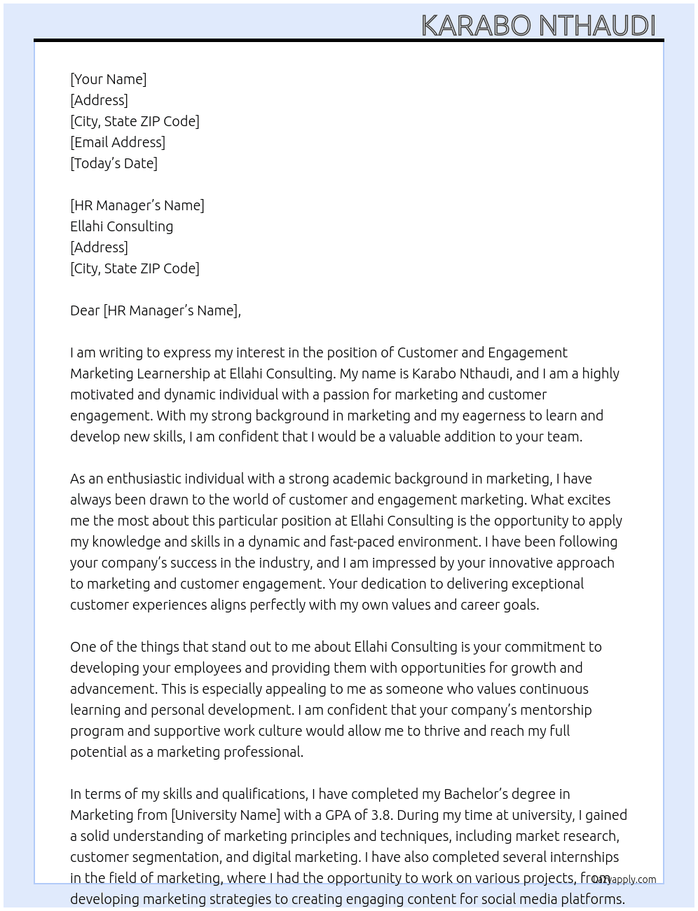 Customer and engagement marketing learnship At Ellahi consulting  Cover Letter