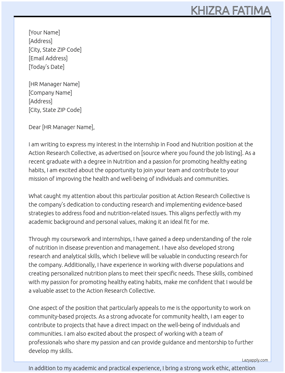 Internship in food and nutrition At Action Research Collective Cover Letter