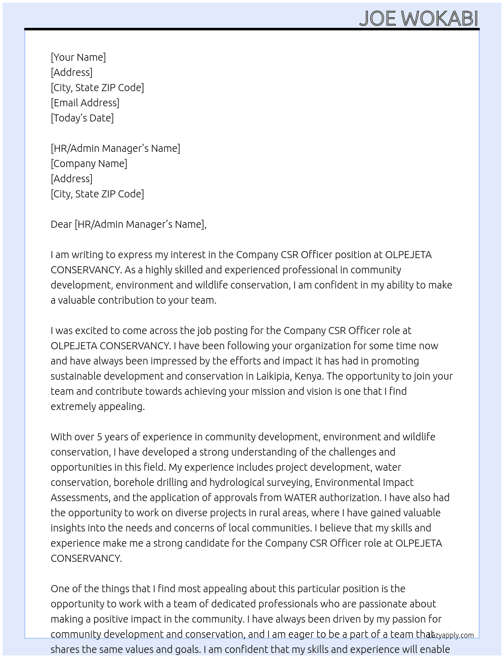 Company CSR Officer At OLPEJETA CONSERVANCY Cover Letter