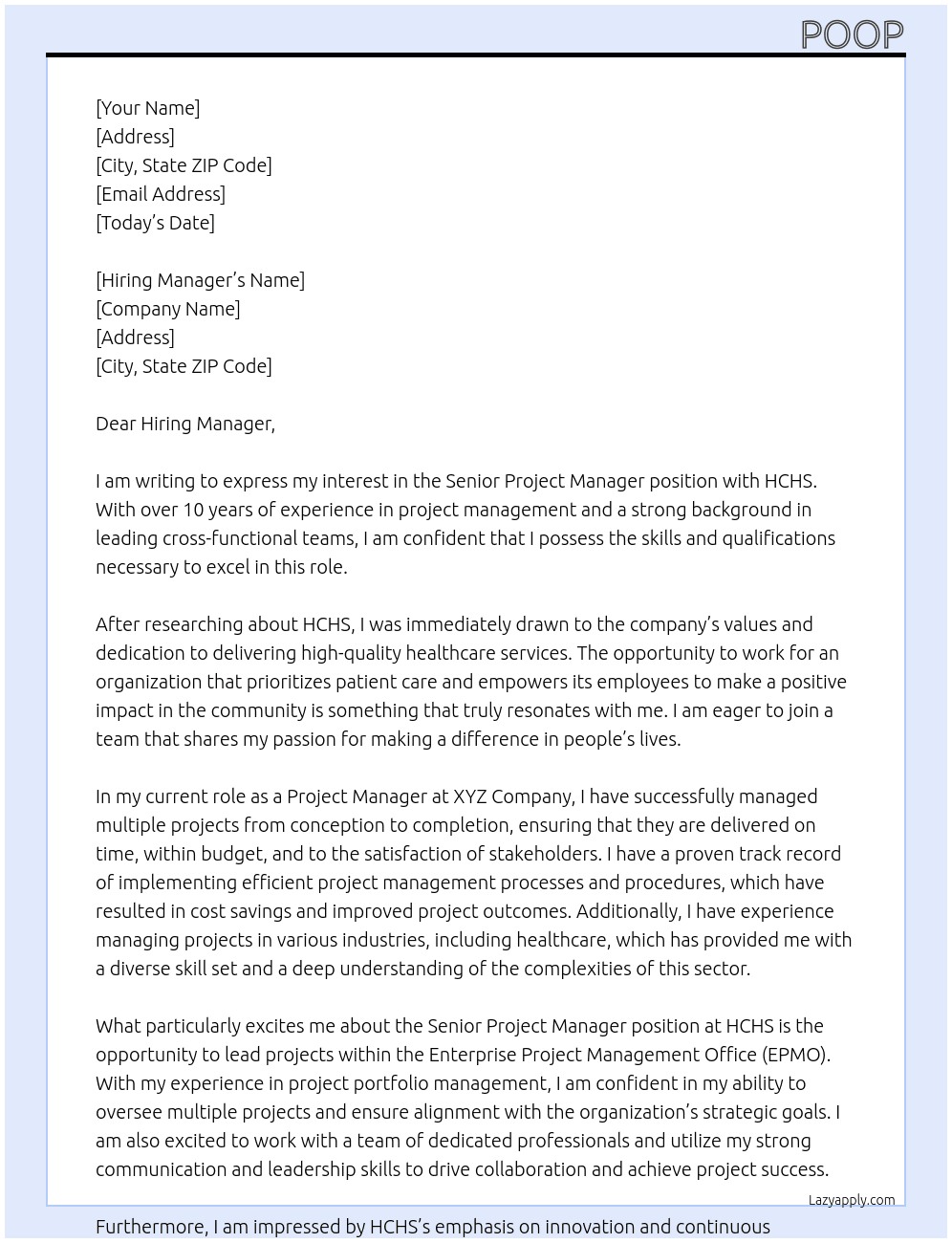 Senior Project Manager - EPMO At HCHS Cover Letter