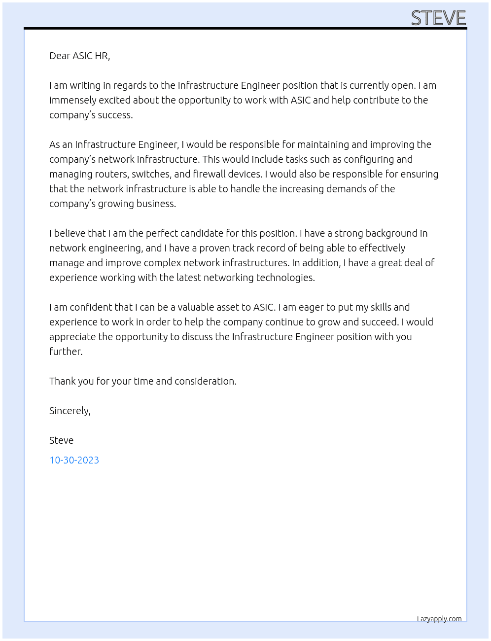 Infrastructure Engineer At ASIC Cover Letter