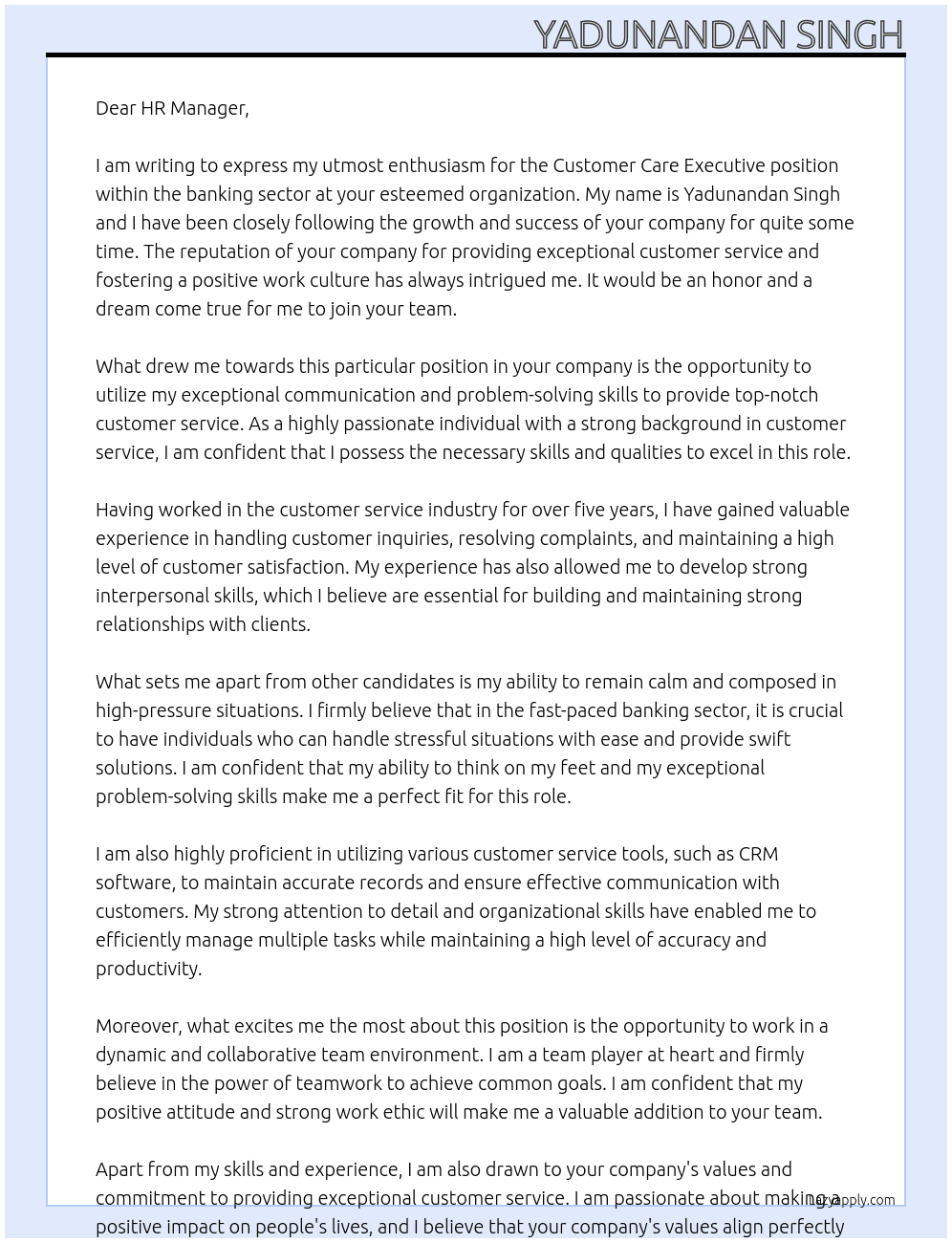 Customer care executive or other At Banking sector Cover Letter
