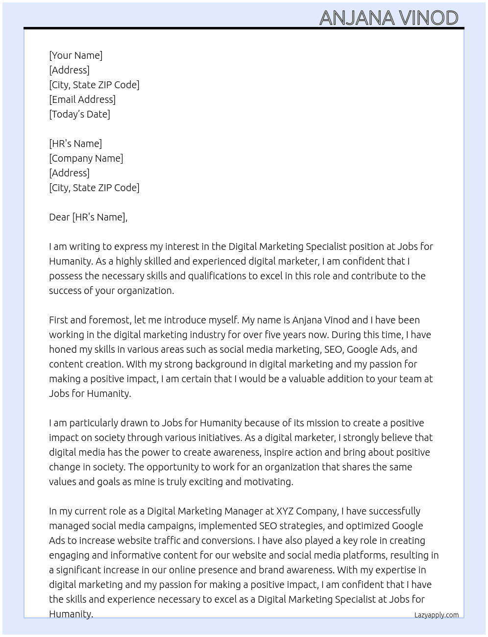 Digital marketing Specialist At Jobs for Humanity  Cover Letter