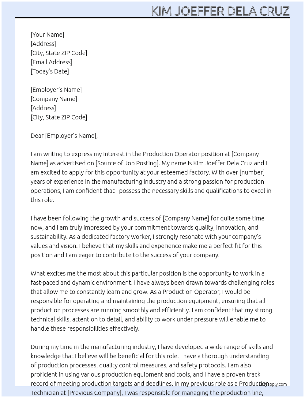 Production Operator At factory worker Cover Letter
