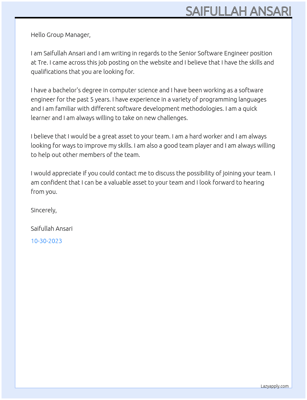 Senior Software Engineer At Tre  Cover Letter