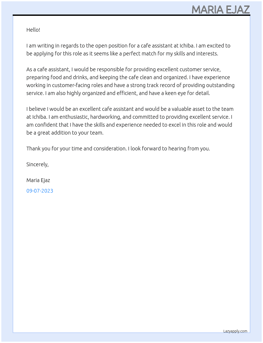 Cafe assistant  At Ichiba Cover Letter