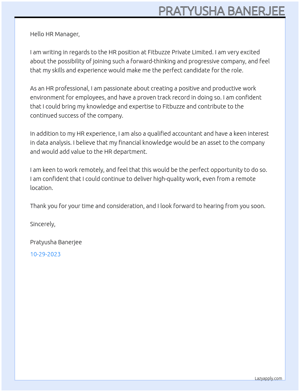 HR  At Fitbuzze Private Limited  Cover Letter