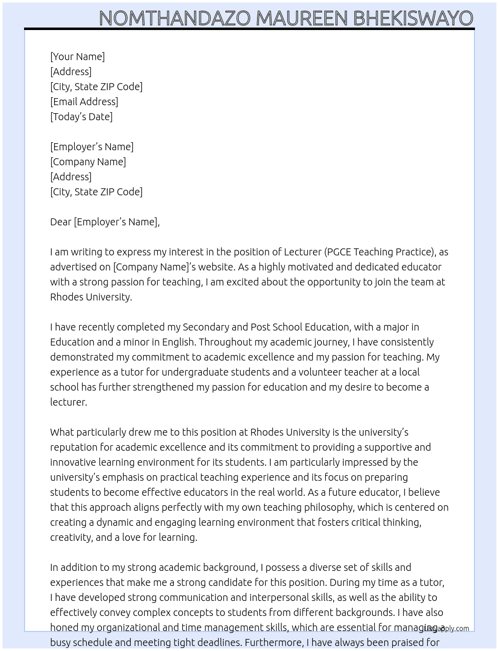 Lecturer (PGCE Teaching Practice) At Rhodes University Cover Letter