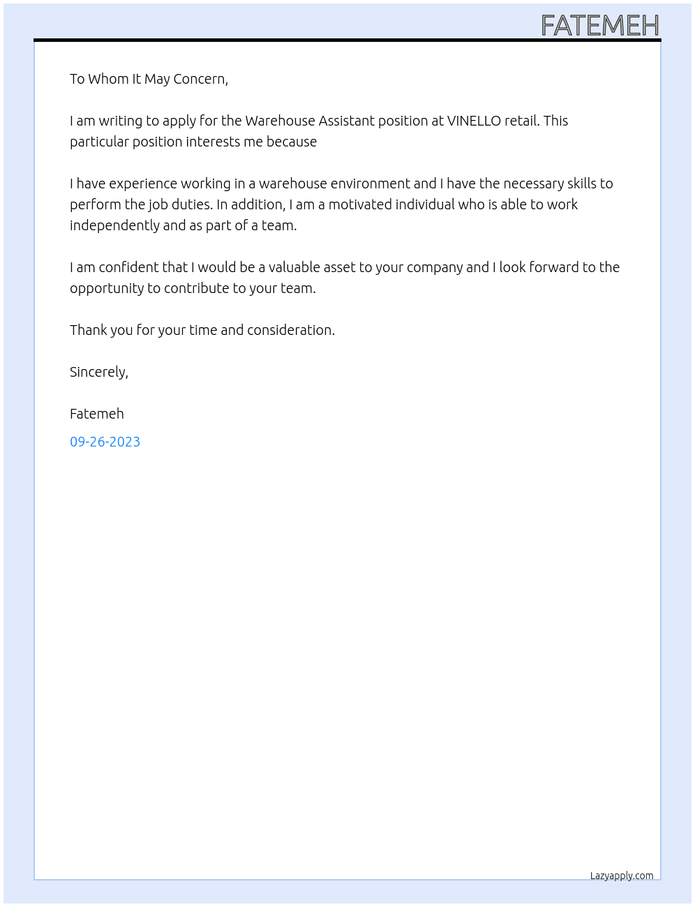 Warehouse assistant At VINELLO retail Cover Letter