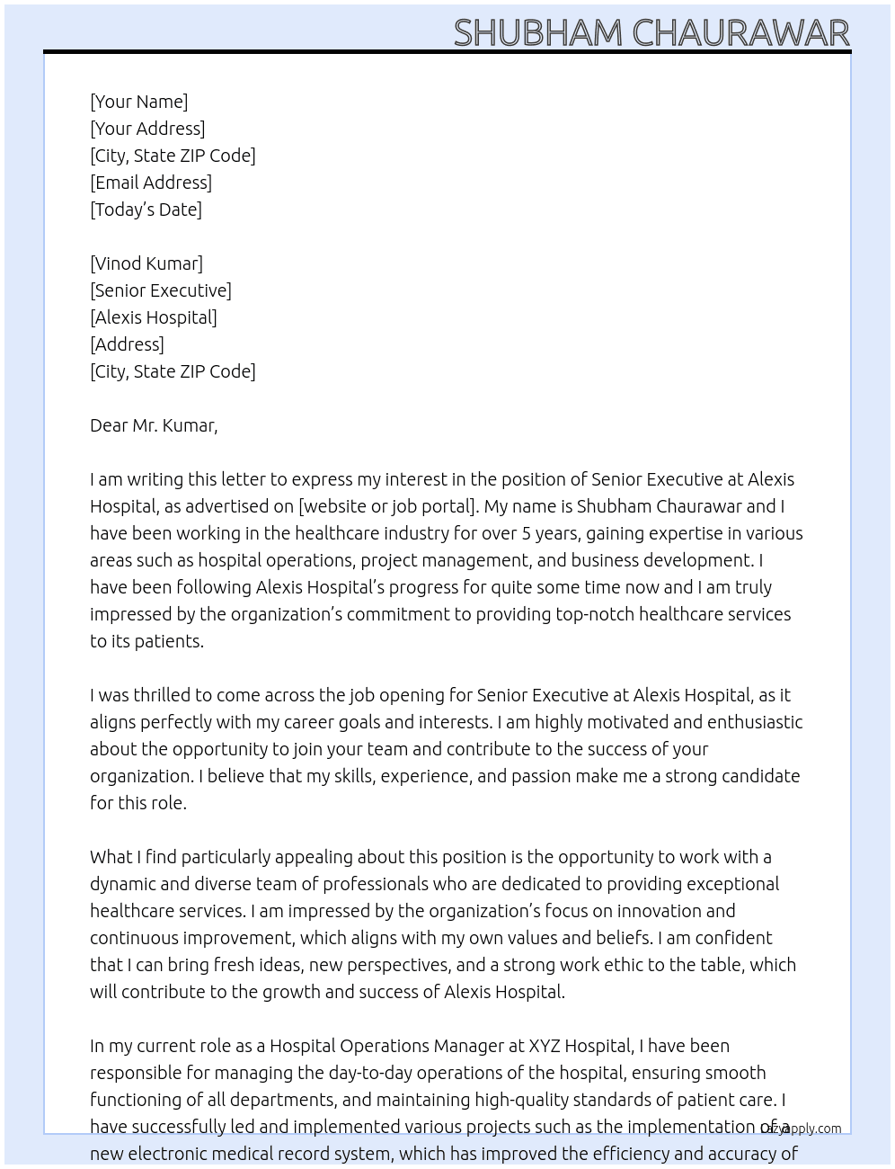 Senior Executive At Alexis hospital Cover Letter