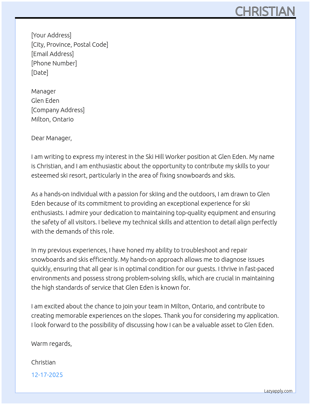 Ski hill worker  At Glen Eden  Cover Letter