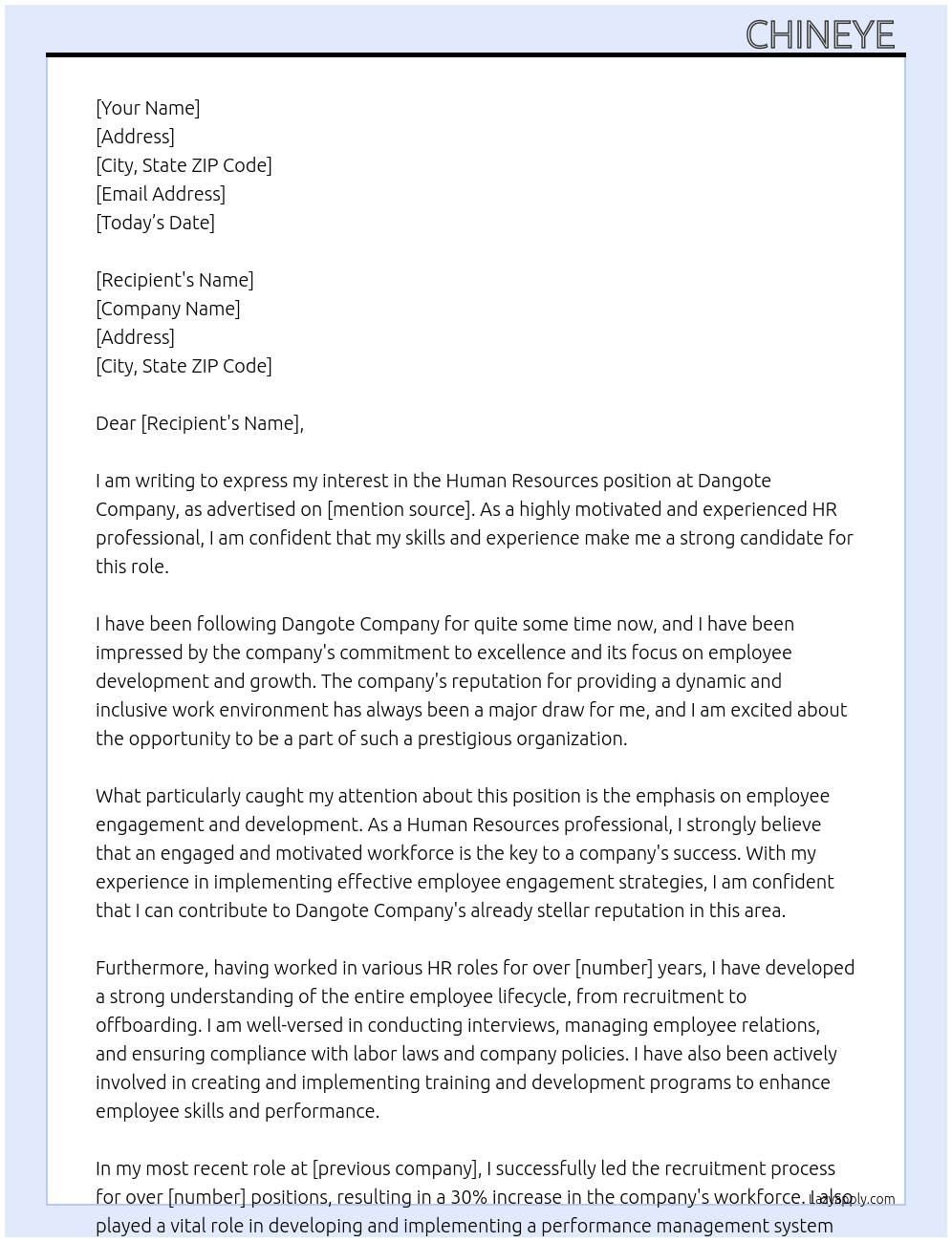 Human Resources  At Human Resources manager/ administration in Dangote company Cover Letter