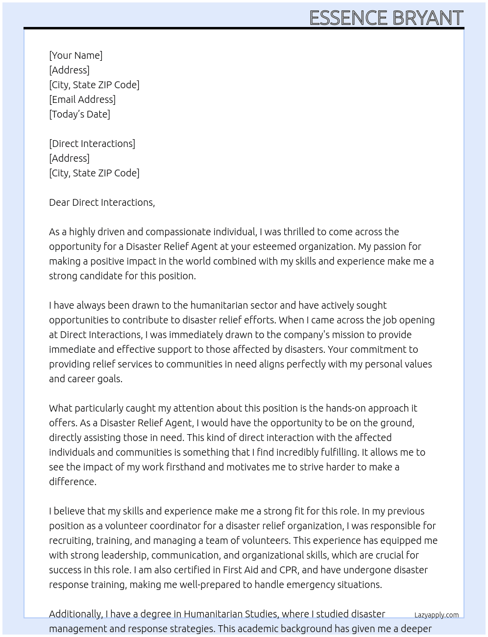 Disaster relief agent  At Direct Interactions Cover Letter