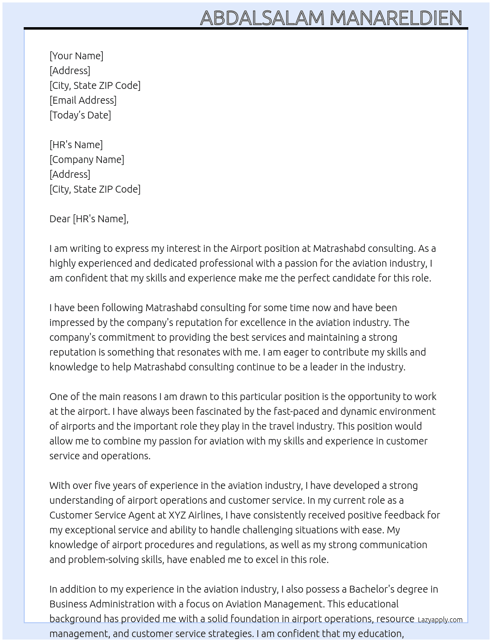 Airport  At Matrashabd consulting  Cover Letter