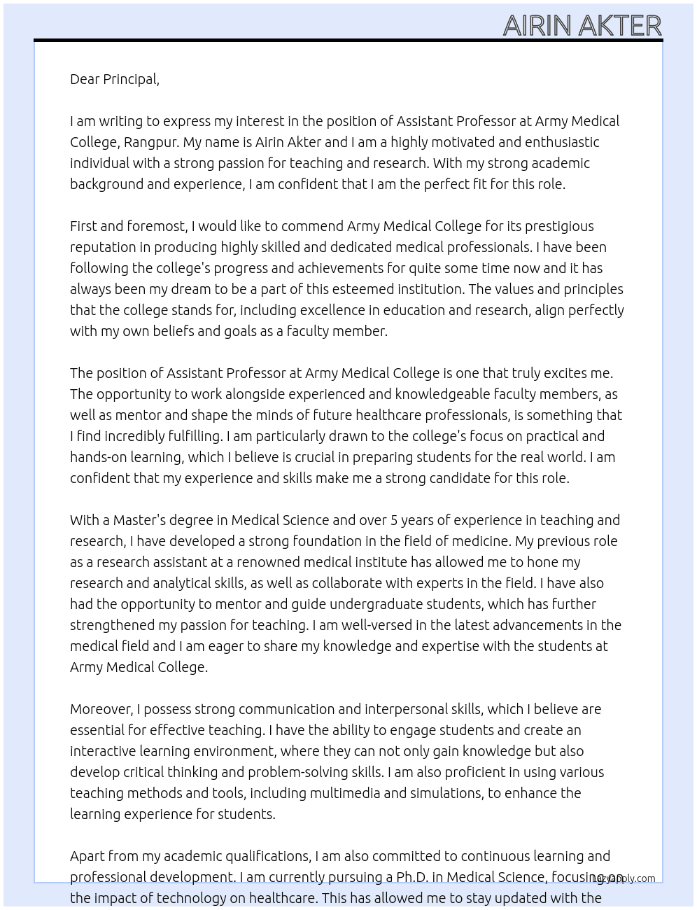 Assistant Professor At Army Medical College, Rangpur Cover Letter