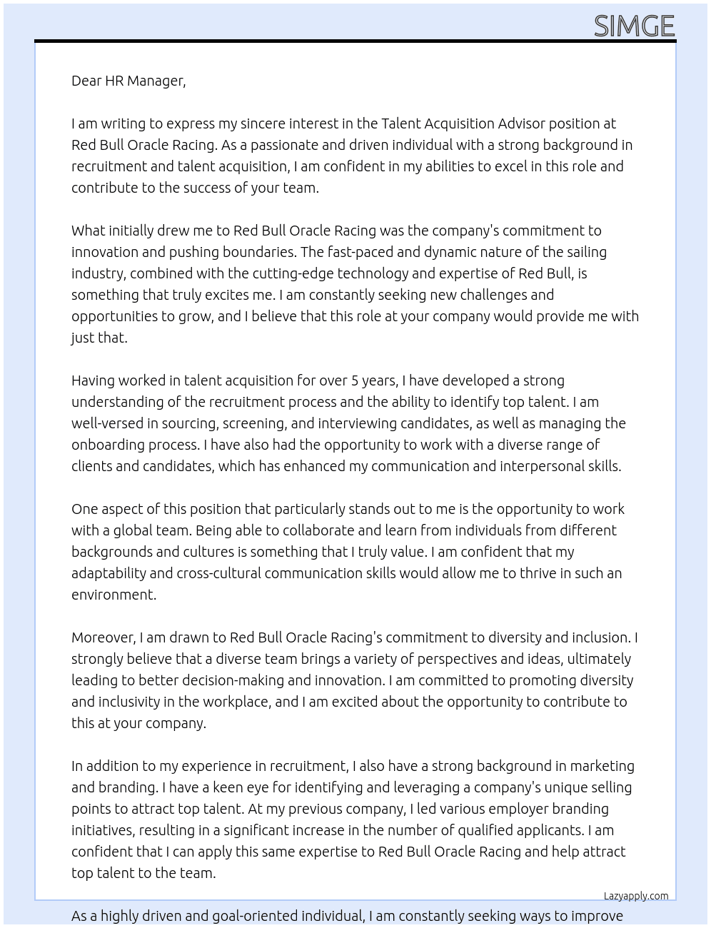 Talent Acquisition Advisor At Red Bull Oracle Racing Cover Letter