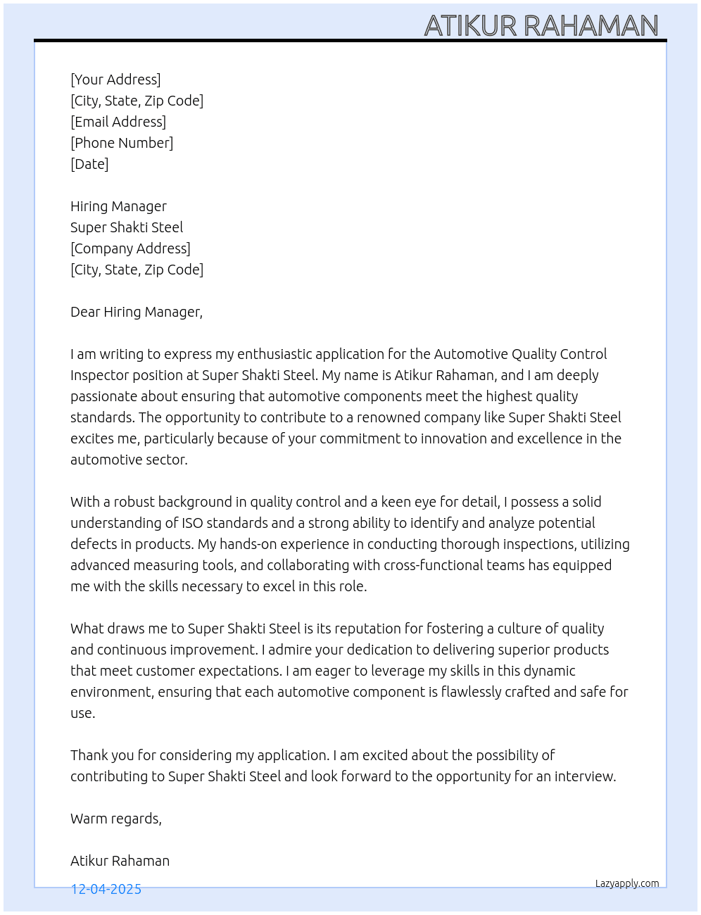 Automotive Quality control inspector  At Super shakti steel Cover Letter