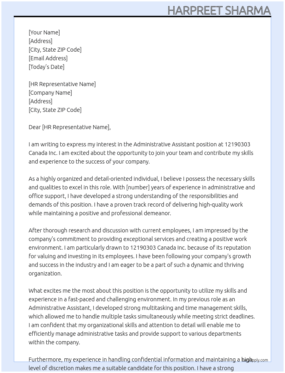 Administrative assistant At 12190303 Canada Inc. Cover Letter