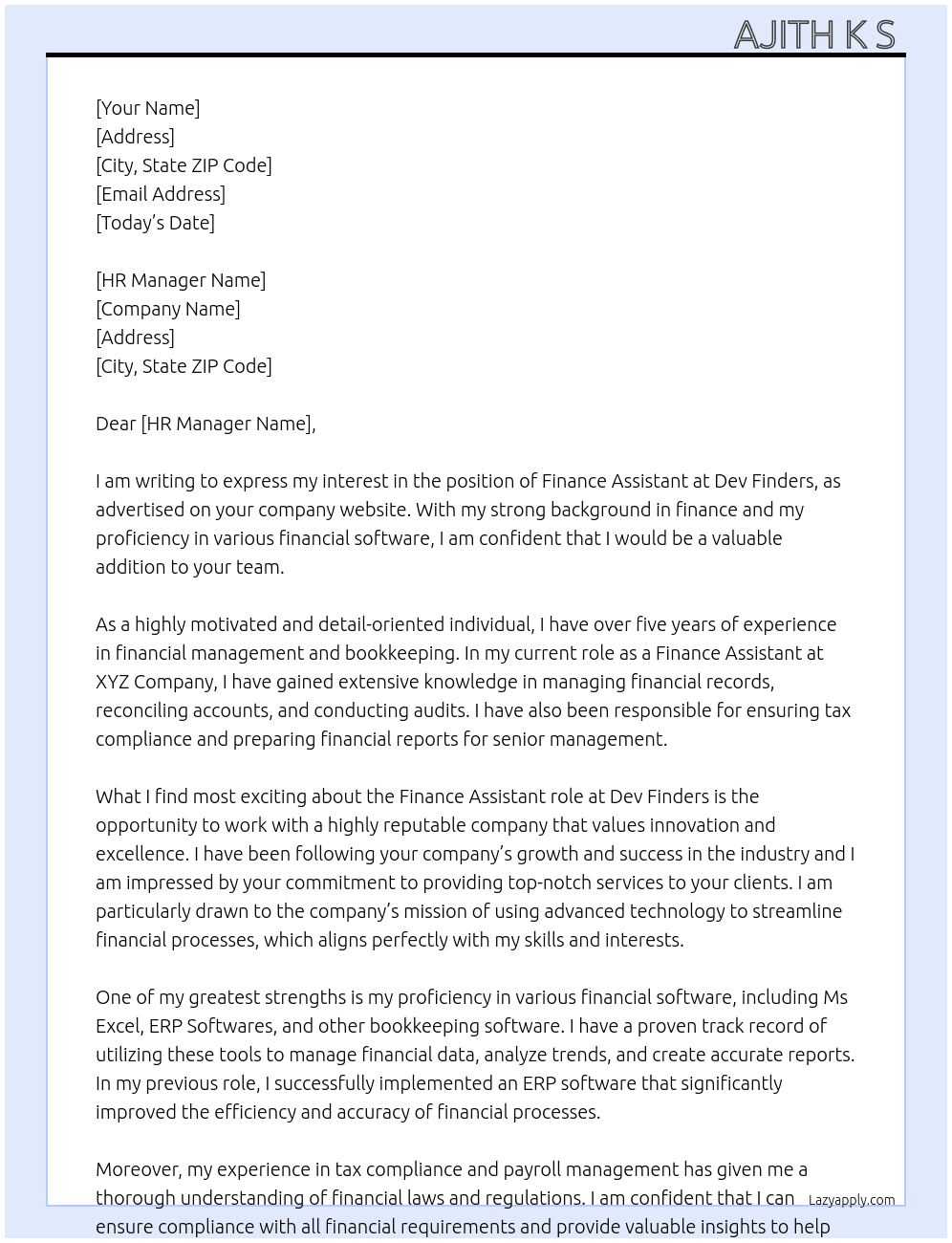 Finance Assistant  At Dev Finders Cover Letter