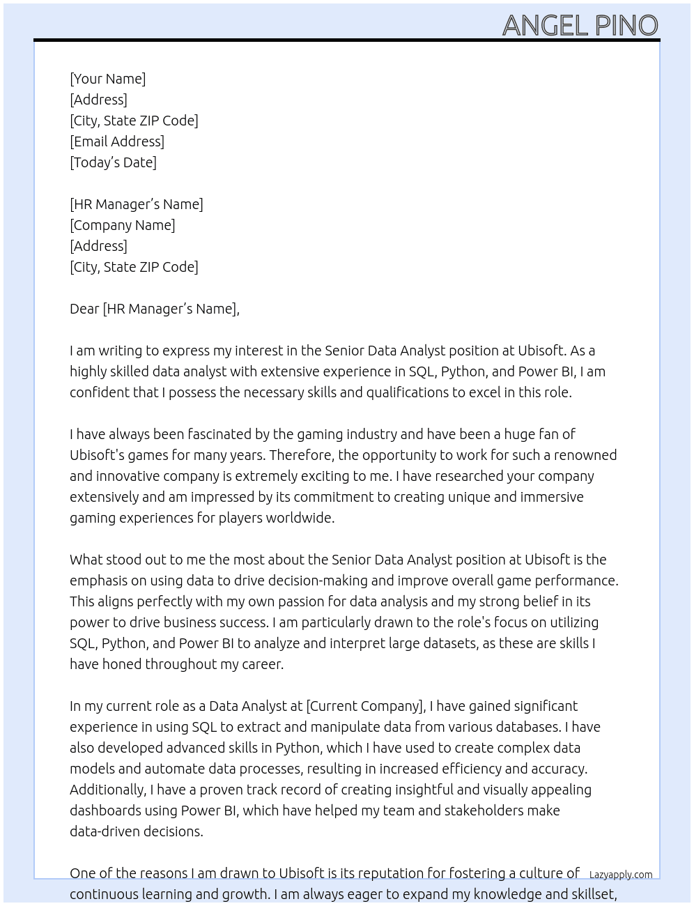 Senior Data Analyst At Ubisoft Cover Letter