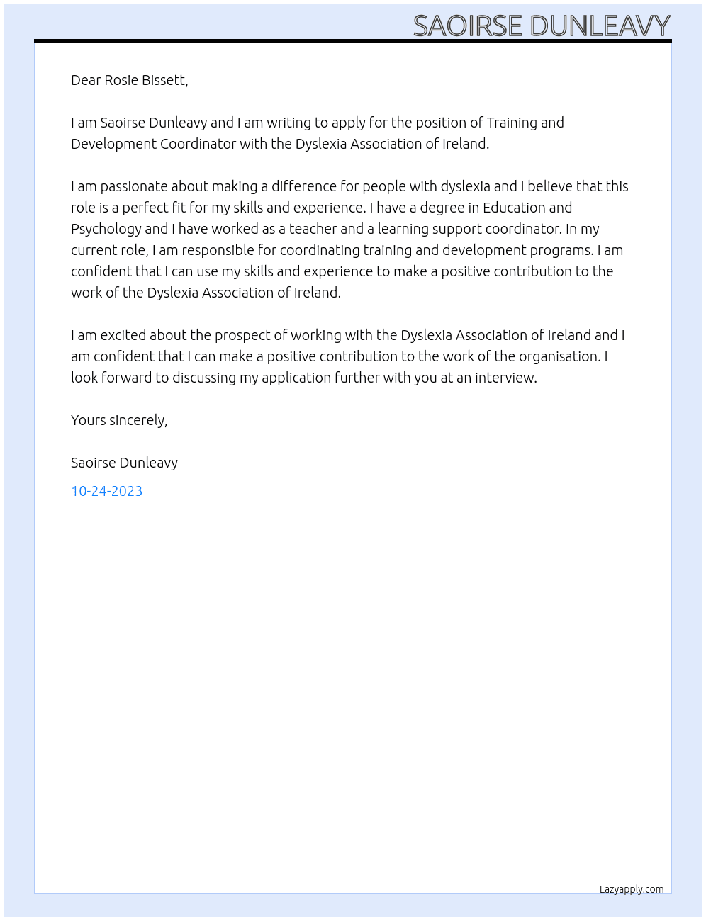 Training and Development Coordinator At  Dyslexia Association of Ireland Cover Letter