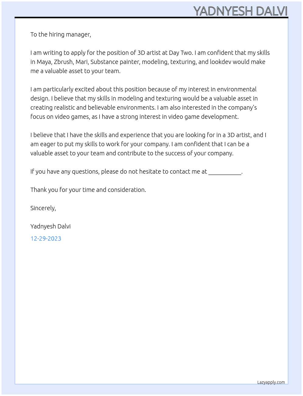 3D artist At Day Two Cover Letter