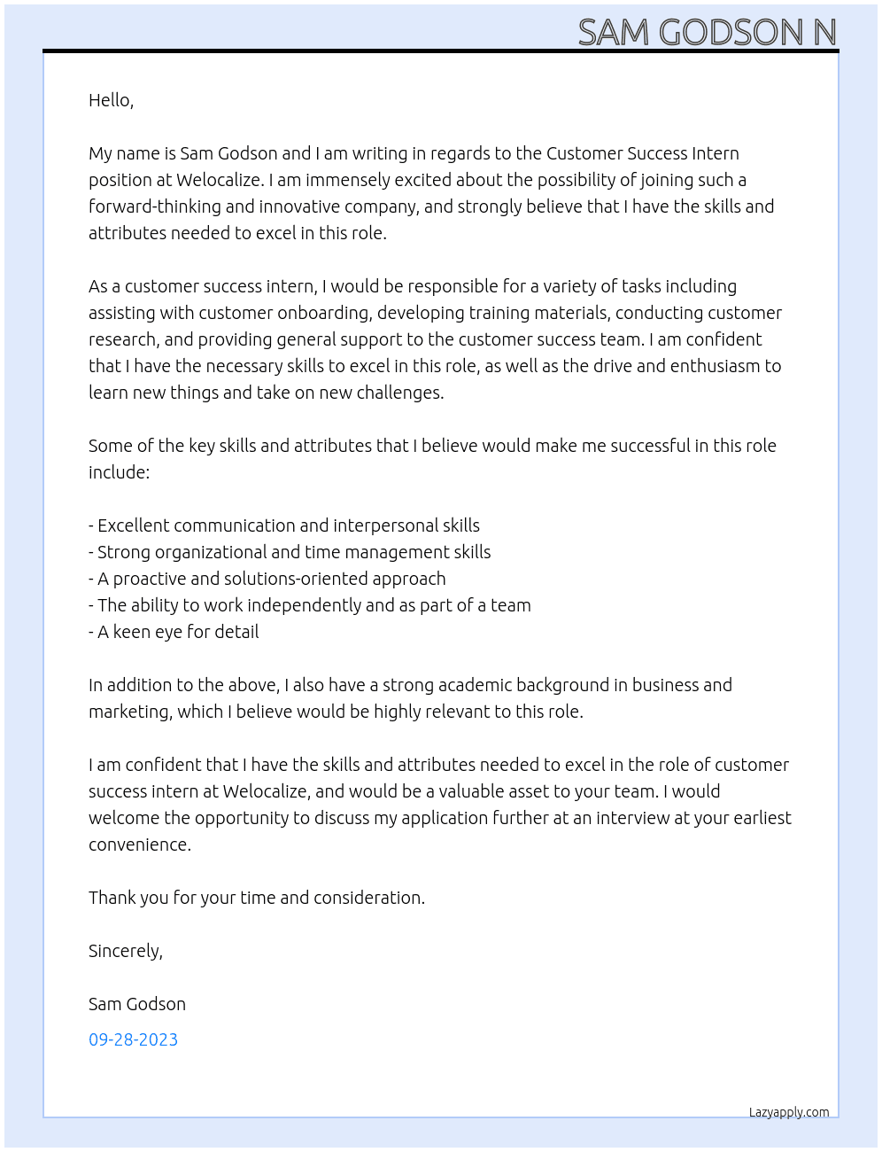 Customer Success Intern At Welocalize Cover Letter