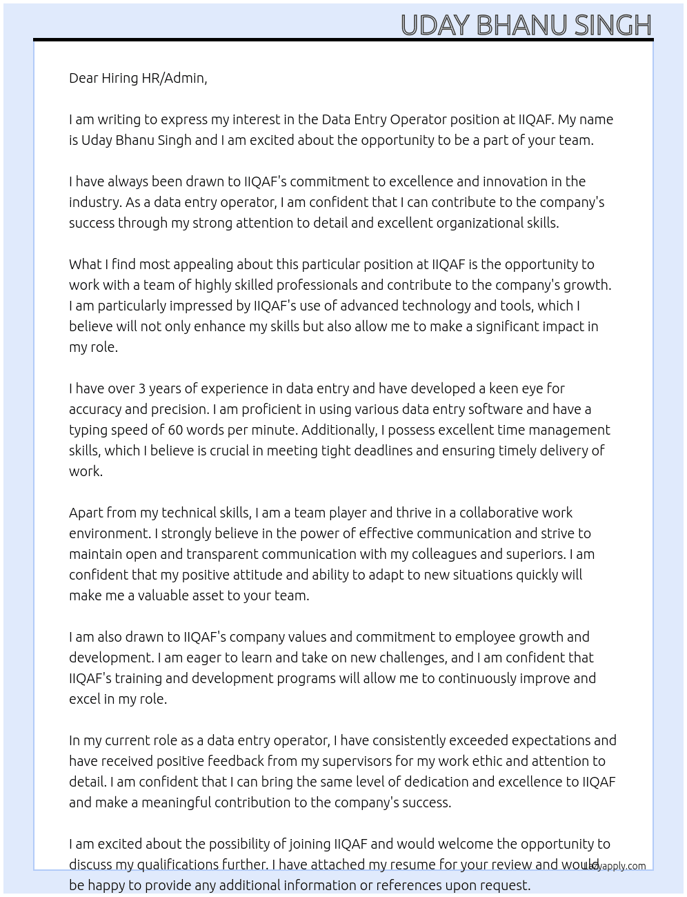Data Entry Operator At IIQAF Cover Letter