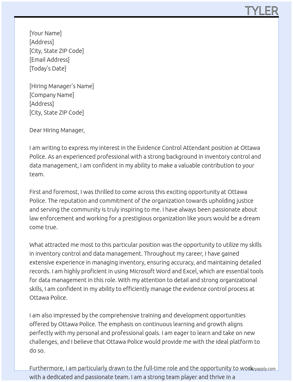 Evidence Control Attendant At Ottawa Police Cover Letter