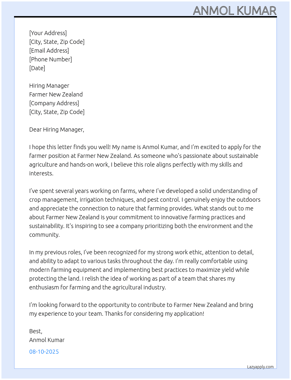 Cover letter for farmer work - LazyApply