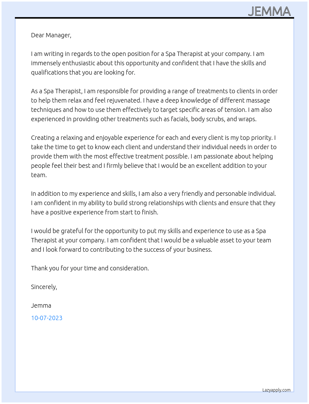 Spa therapist  At Spa Cover Letter