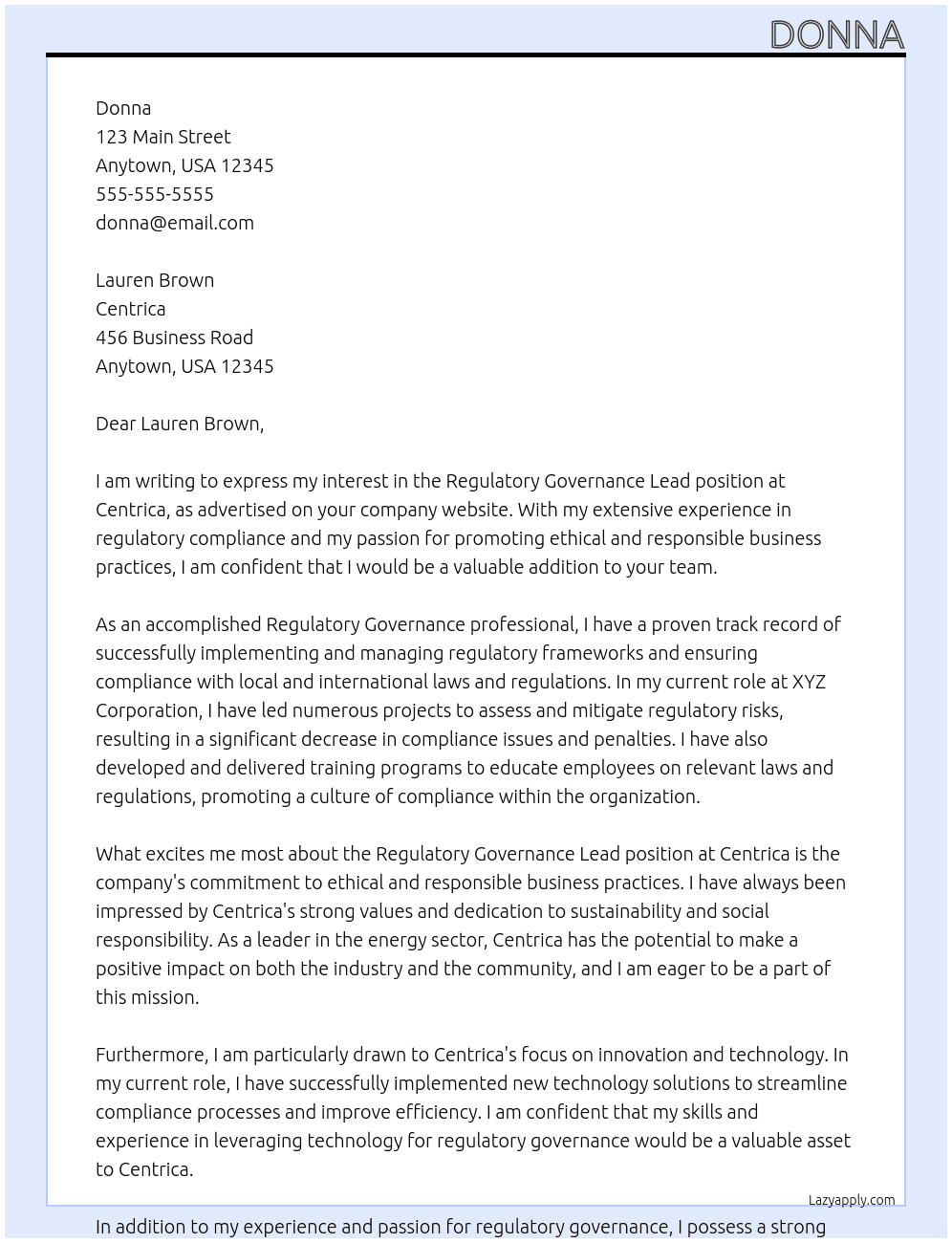 Regulatory Governence Lead At Centrica Cover Letter