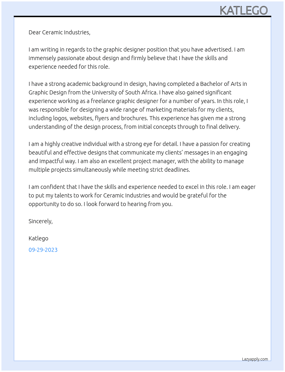 Graphic Designer  At Ceramic Industries Cover Letter