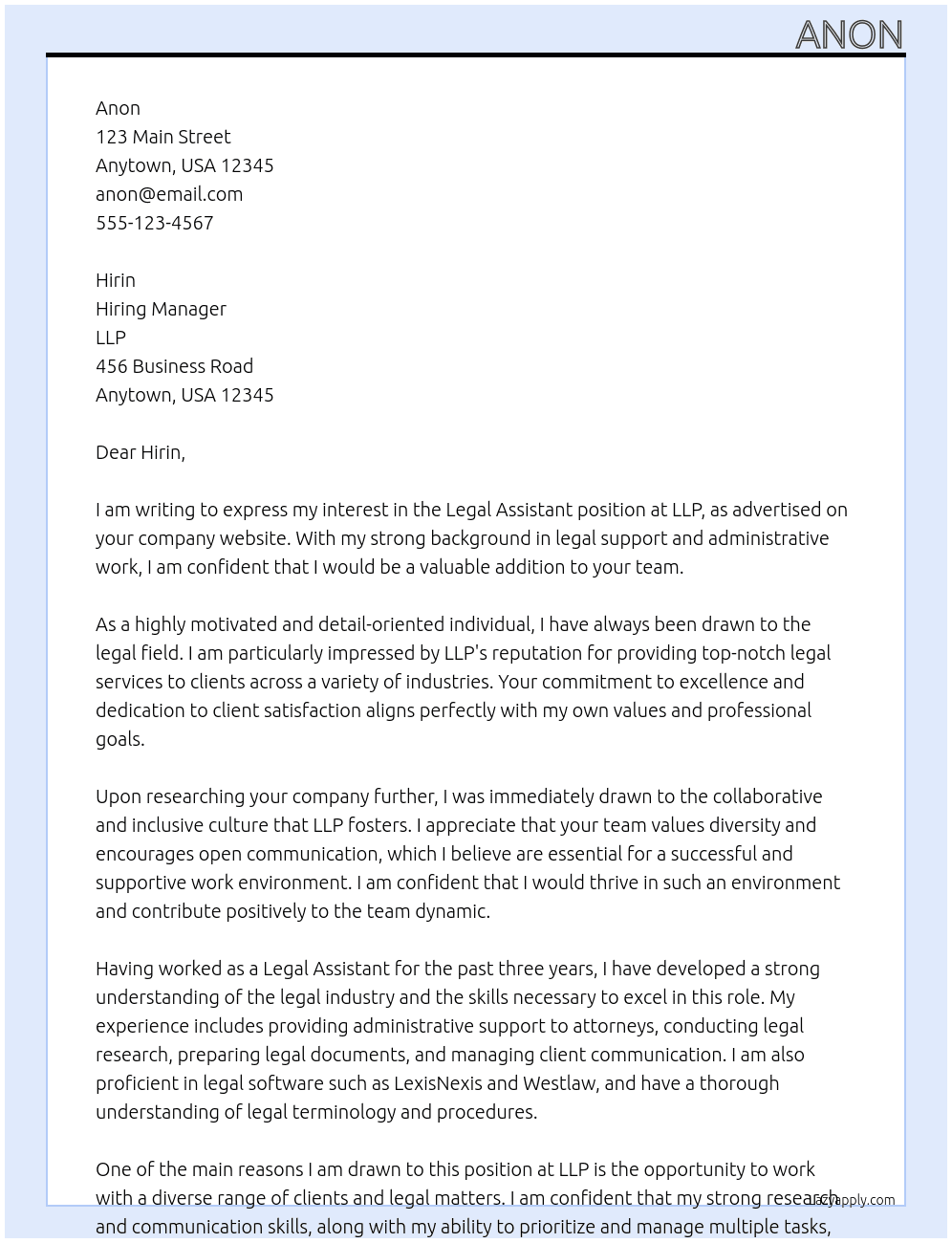 Legal Assistant  At LLP Cover Letter