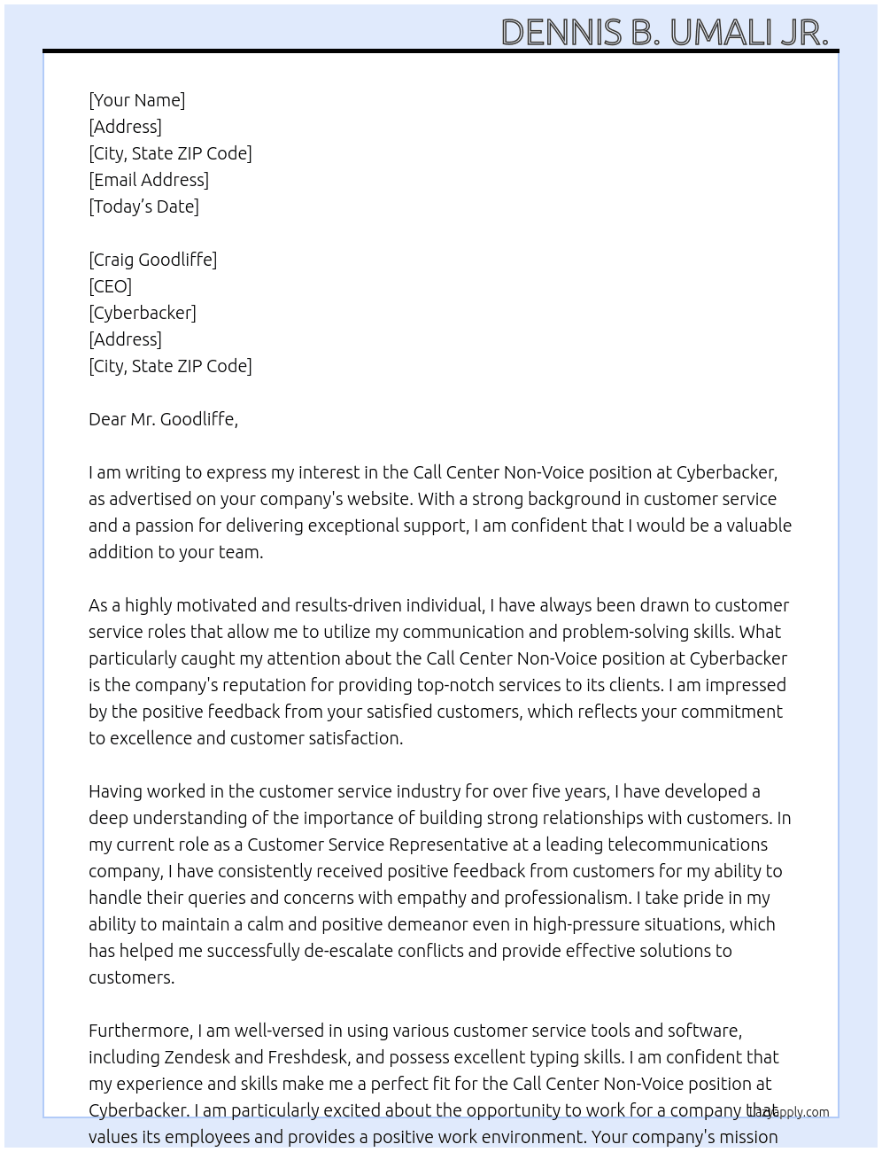 Call Center Non-Voice  At Cyberbacker Cover Letter